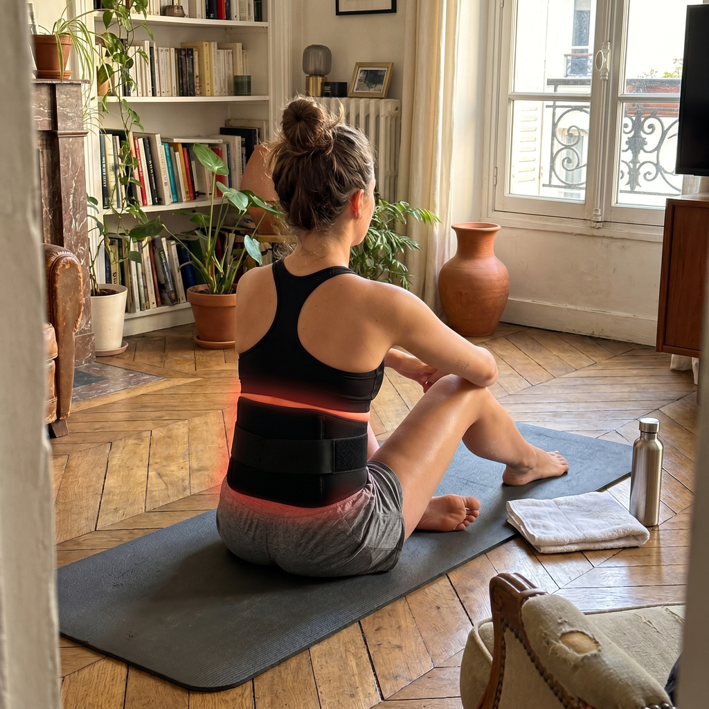Femme en récupération après le sport, ceinture L'Intense sur le bas du dos, lueur rouge dans un salon