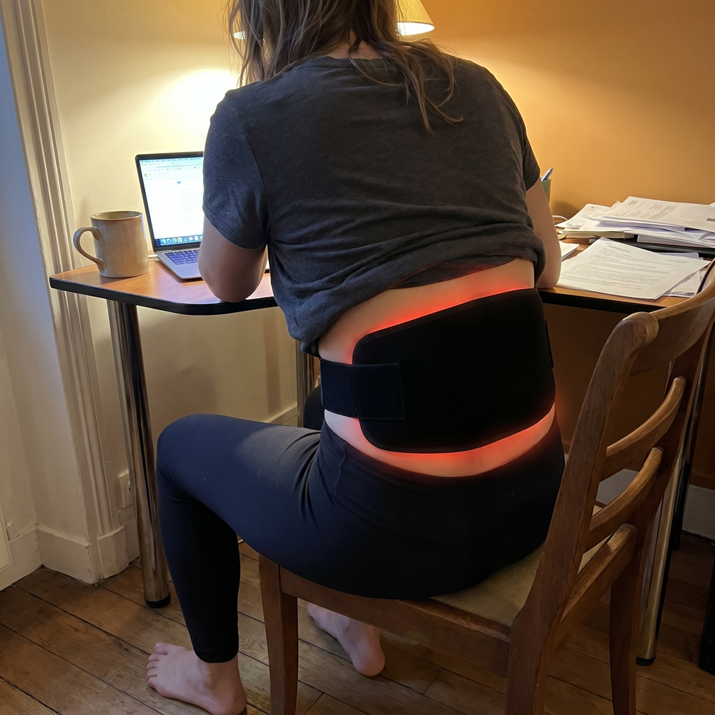 Personne au bureau le soir, ceinture L'Intense sur le bas du dos pour le confort