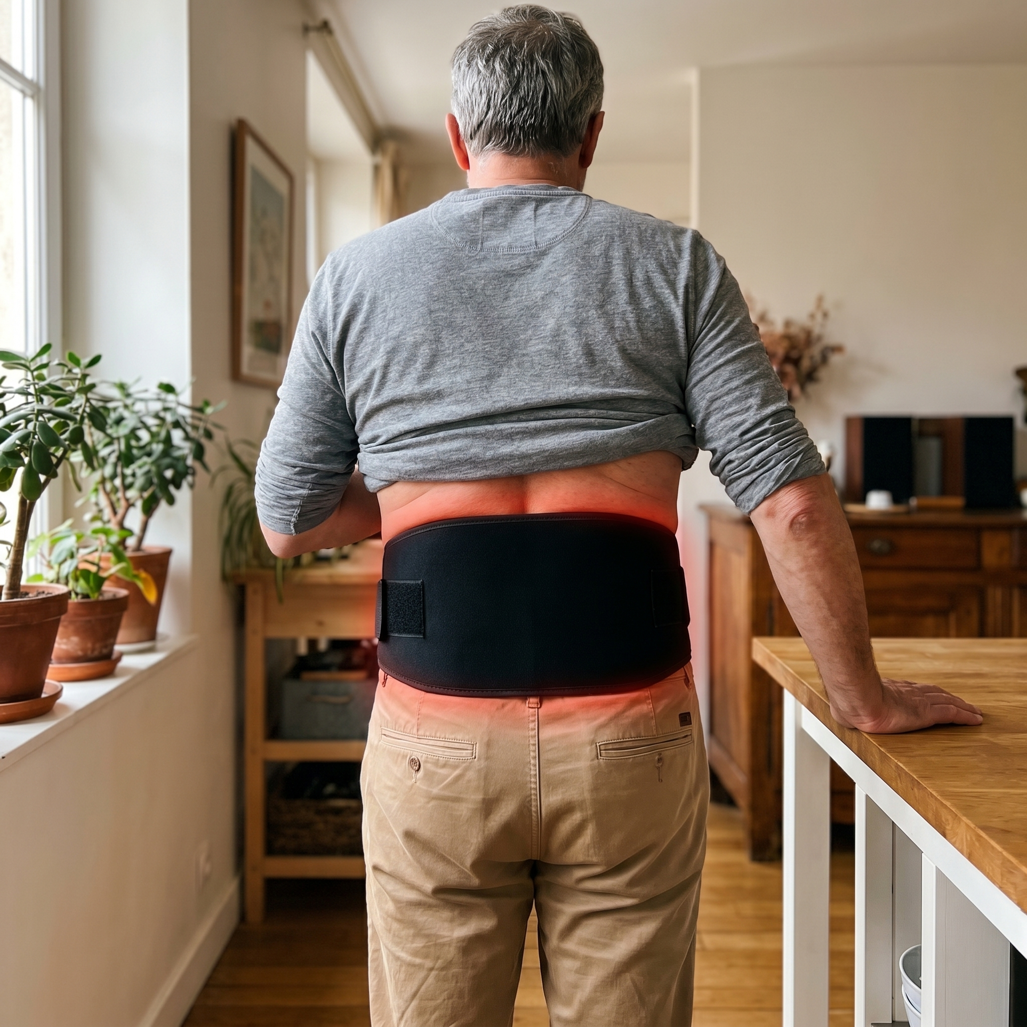 Homme actif à la maison portant la ceinture L'Intense sur le bas du dos