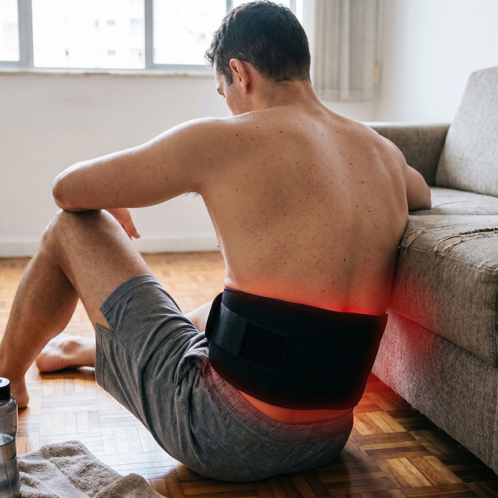 Homme après une course, récupération avec la ceinture L'Intense, lueur rouge