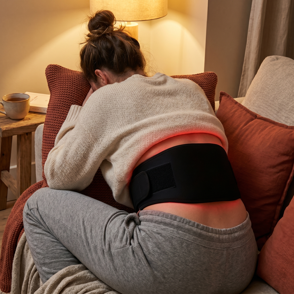 Moment détente sur le canapé le soir avec la ceinture L'Intense, lueur rouge