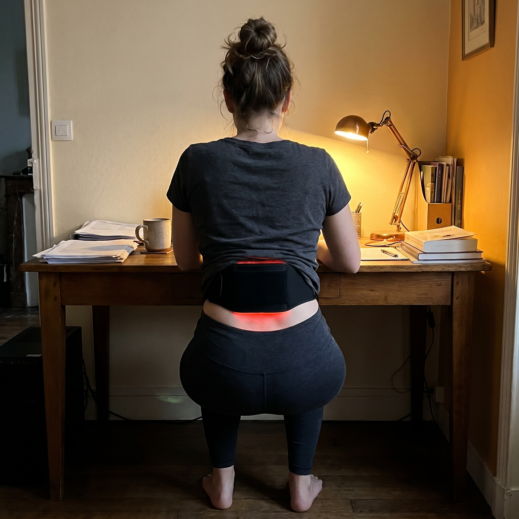 L'Essentielle sur le bas du dos pendant le télétravail, confort du soir, lueur rouge