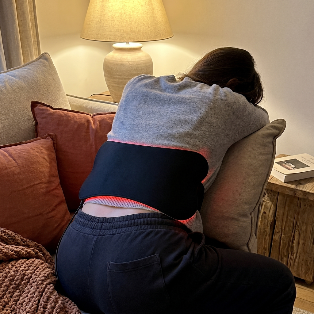 L'Intégral sur le dos, détente sur le canapé le soir, lueur rouge