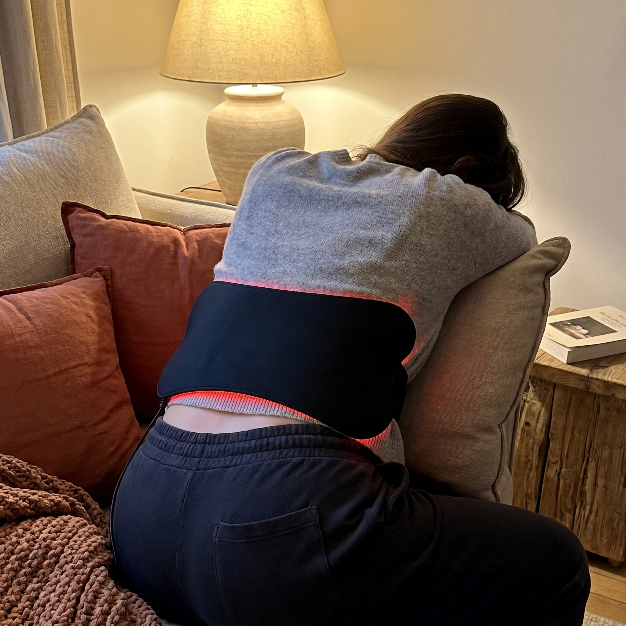 L'Intégral sur le dos, détente sur le canapé le soir, lueur rouge