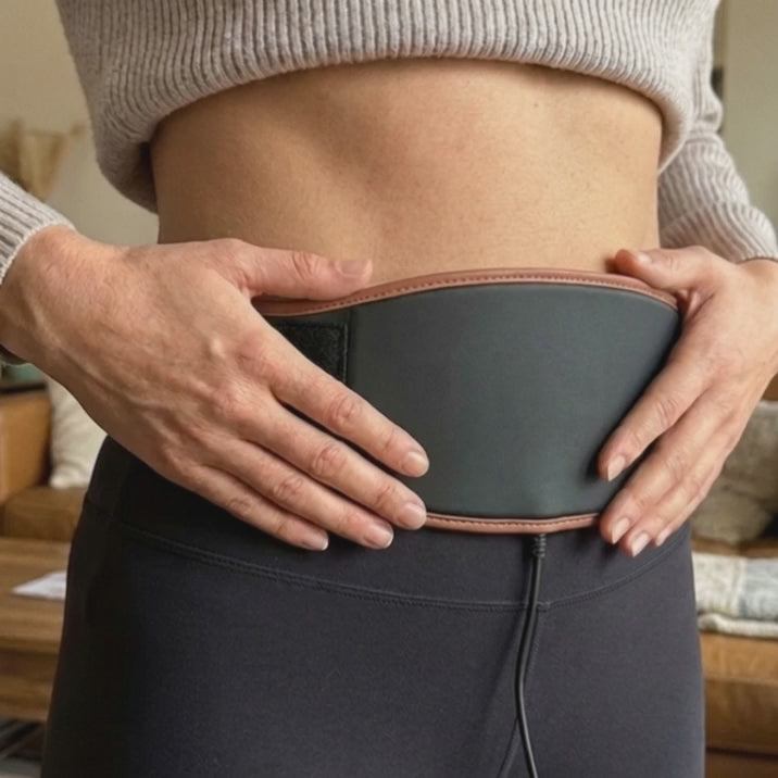 Démo : la ceinture L'Intense portée sur le bas du dos, la lueur rouge s'allume
